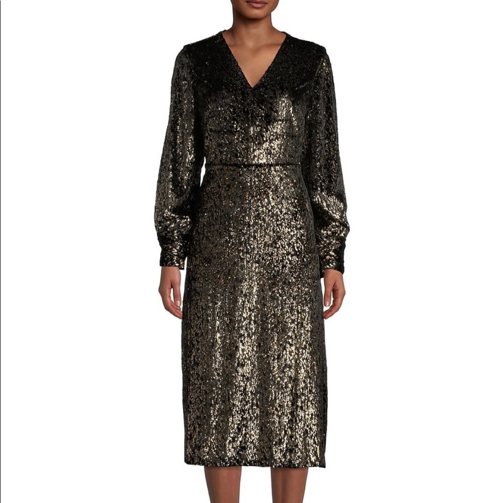 NWT Elie Tahari Black and Gold Velvet Midi Dress